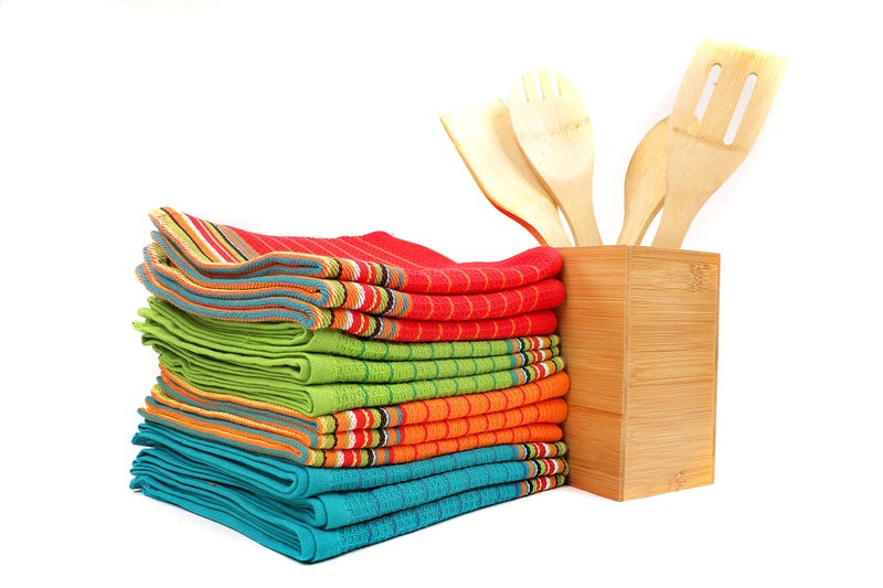 Aunti Em's Kitchen Salsa Stripe Kitchen Dish Towels | 100% Natural Absorbent Cotton Waffle Towels | Multi-Purpose Festive Red, Orange, Green, Blue (28 x 16 inches), 12-Pack - Image 3
